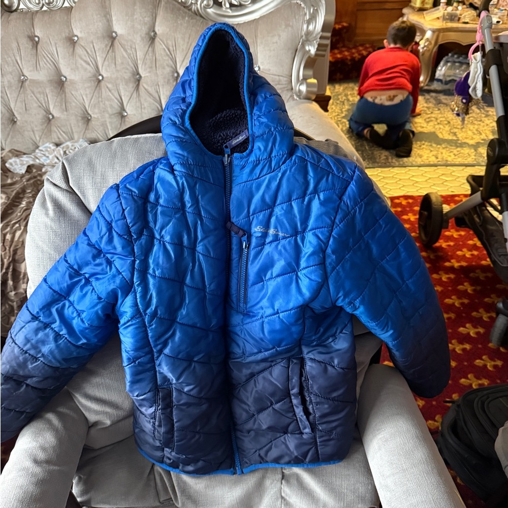 Eddie Bauer Blue Quilted Hooded Jacket double sided fleece and puffer